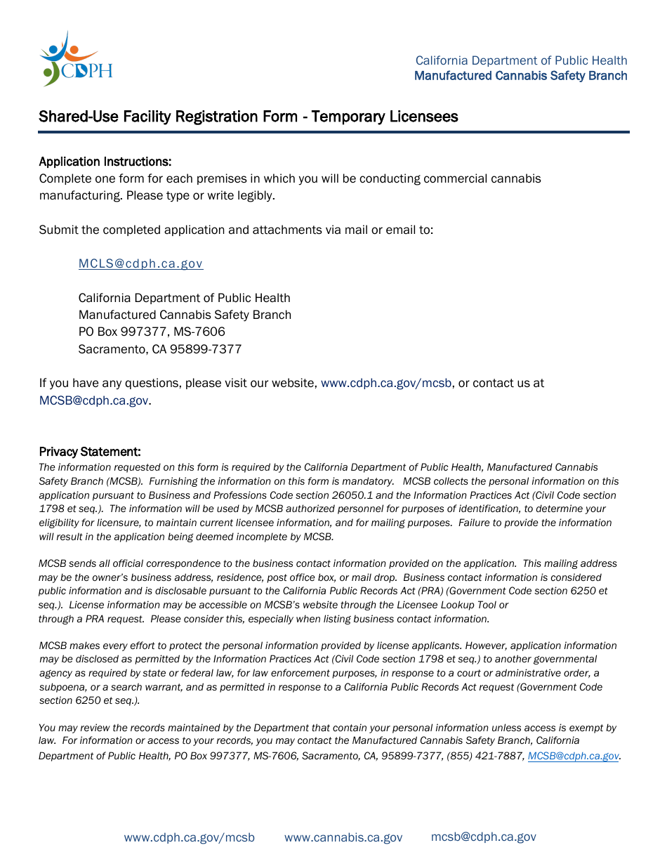Form CDPH9037 Shared-Use Facility Registration Form - Temporary Licensees - California, Page 1