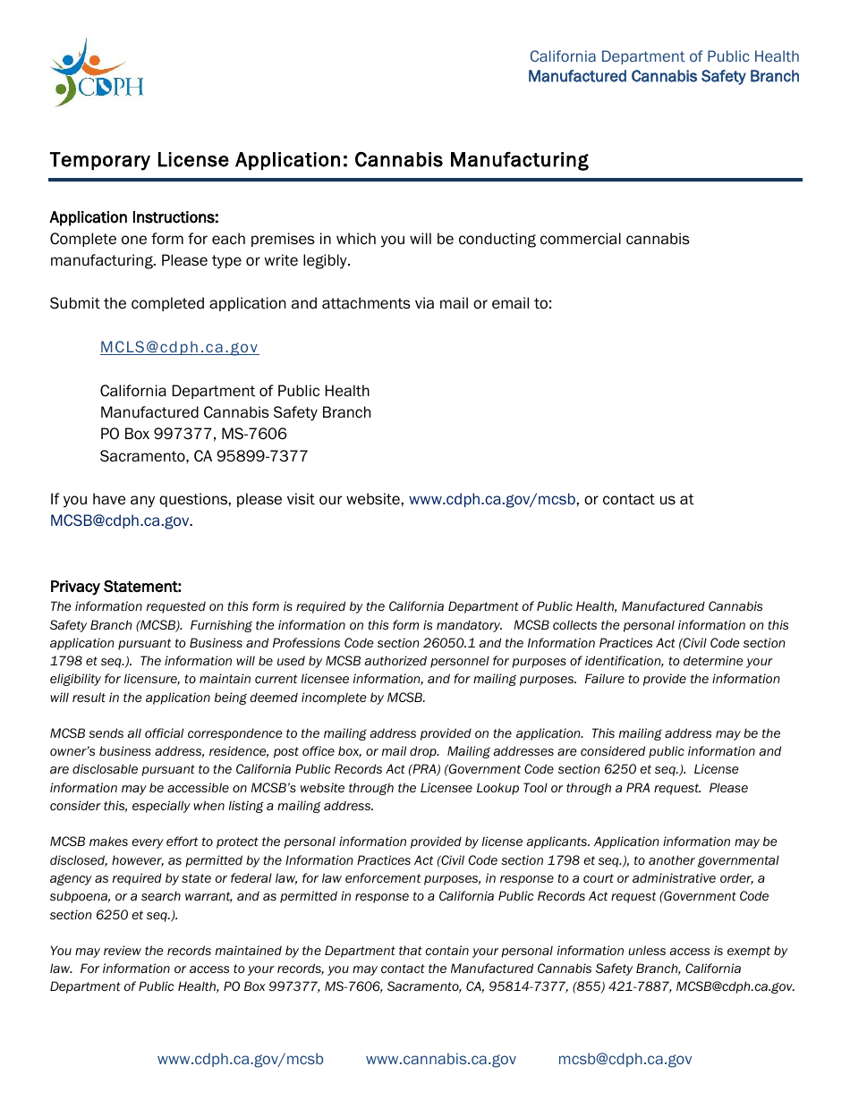 Form CDPH9041 Temporary License Application: Cannabis Manufacturing - California, Page 1