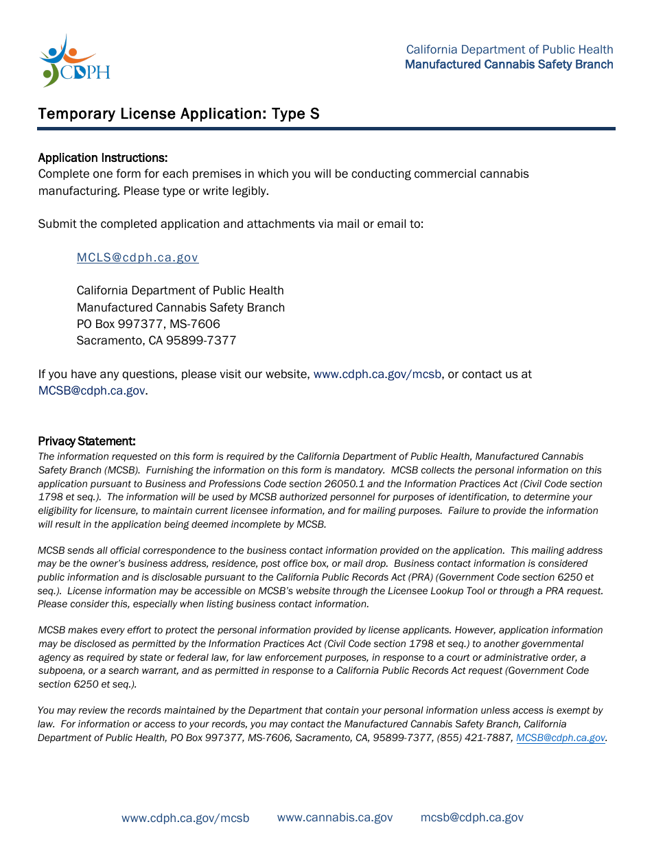 Form CDPH-9038 Temporary License Application: Type S - California, Page 1