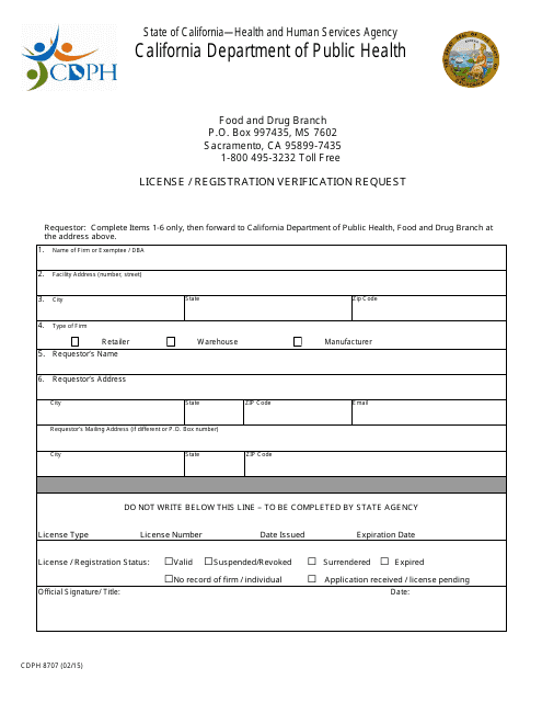 Form CDPH8707 License / Registration Verification Request - California
