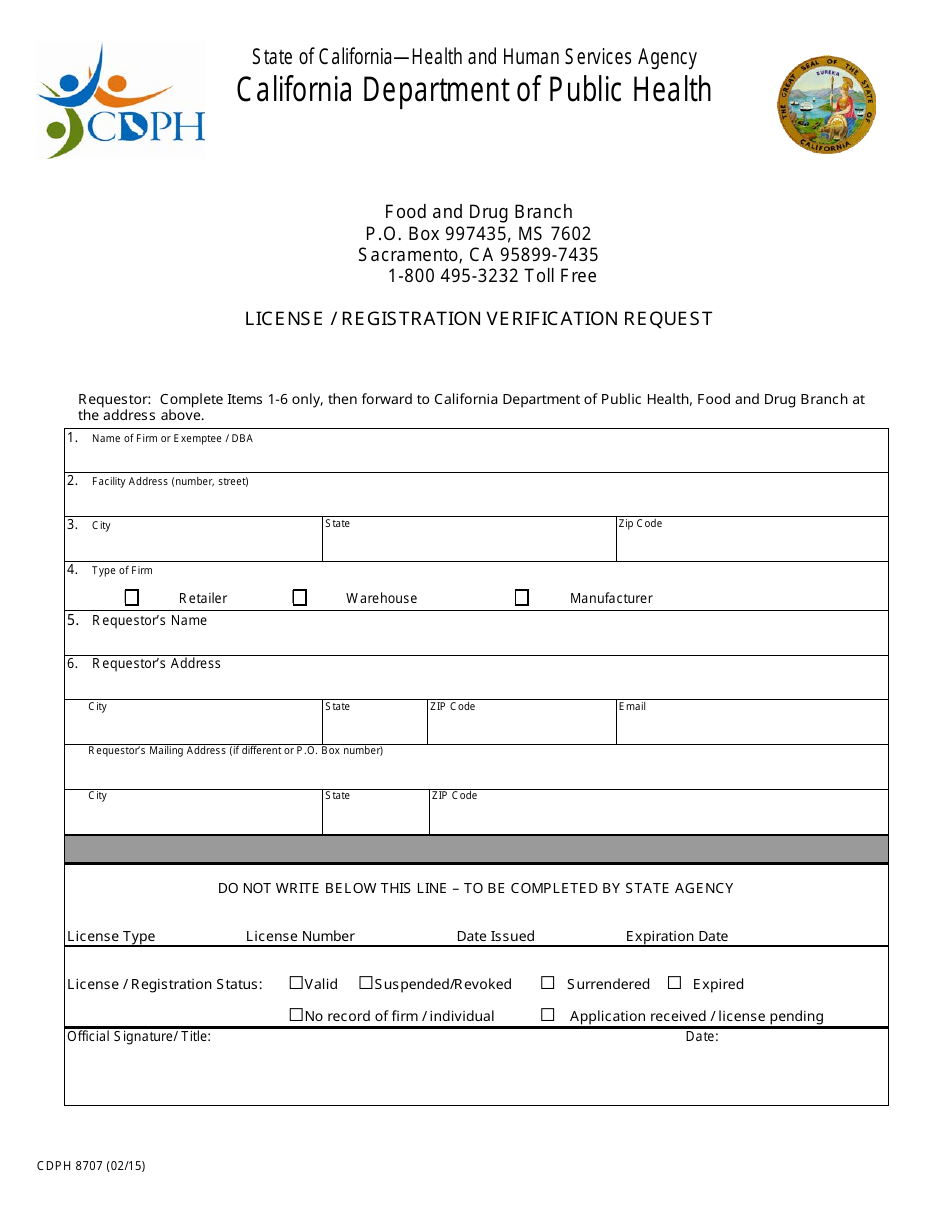 Form CDPH8707 License / Registration Verification Request - California, Page 1