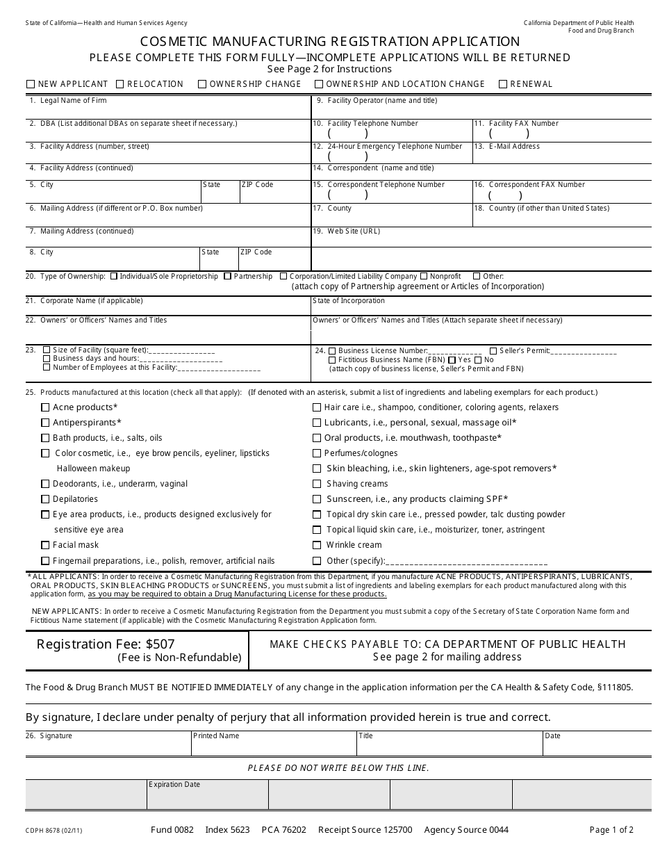 Form CDPH8678 Cosmetic Manufacturing Registration Application - California, Page 1