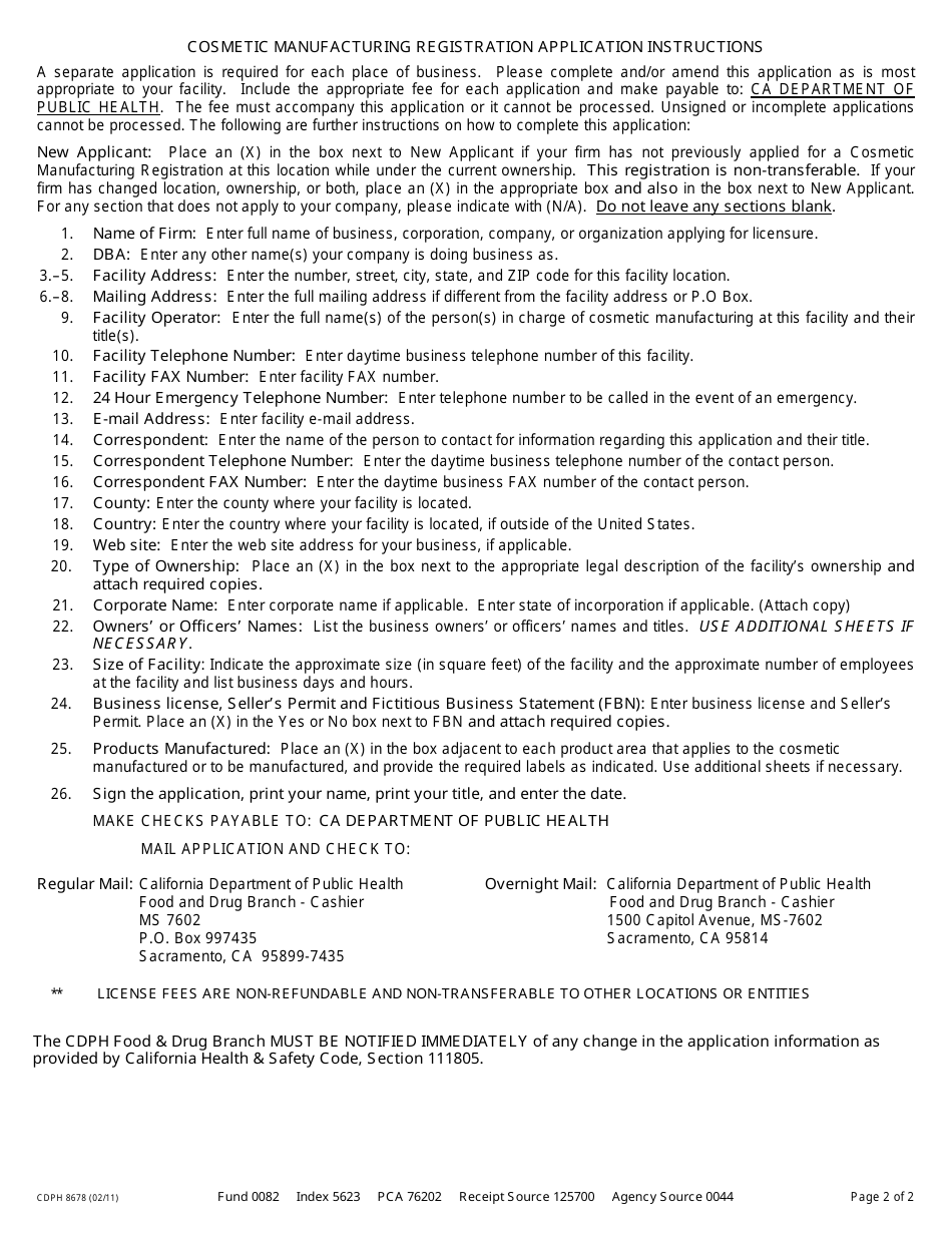 Form CDPH8678 Cosmetic Manufacturing Registration Application - California, Page 2