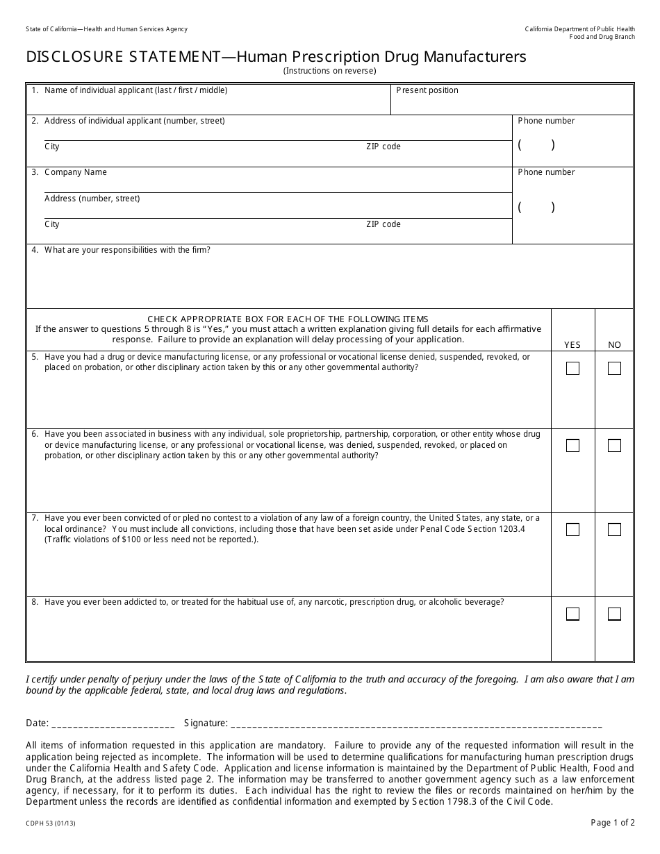 Form CDPH53 Disclosure Statement - Human Prescription Drug Manufacturers - California, Page 1