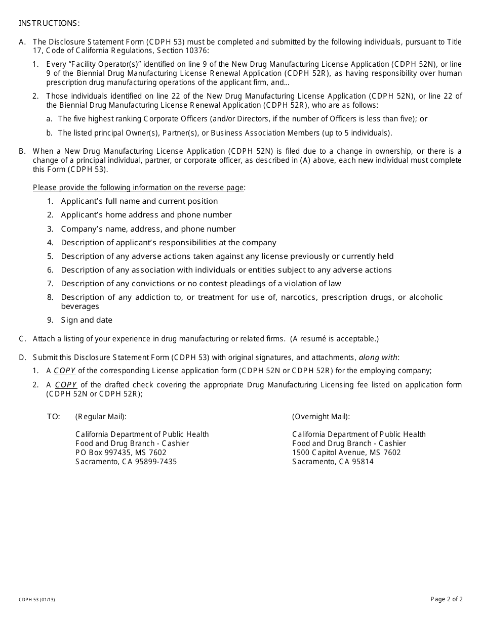 Form CDPH53 Disclosure Statement - Human Prescription Drug Manufacturers - California, Page 2