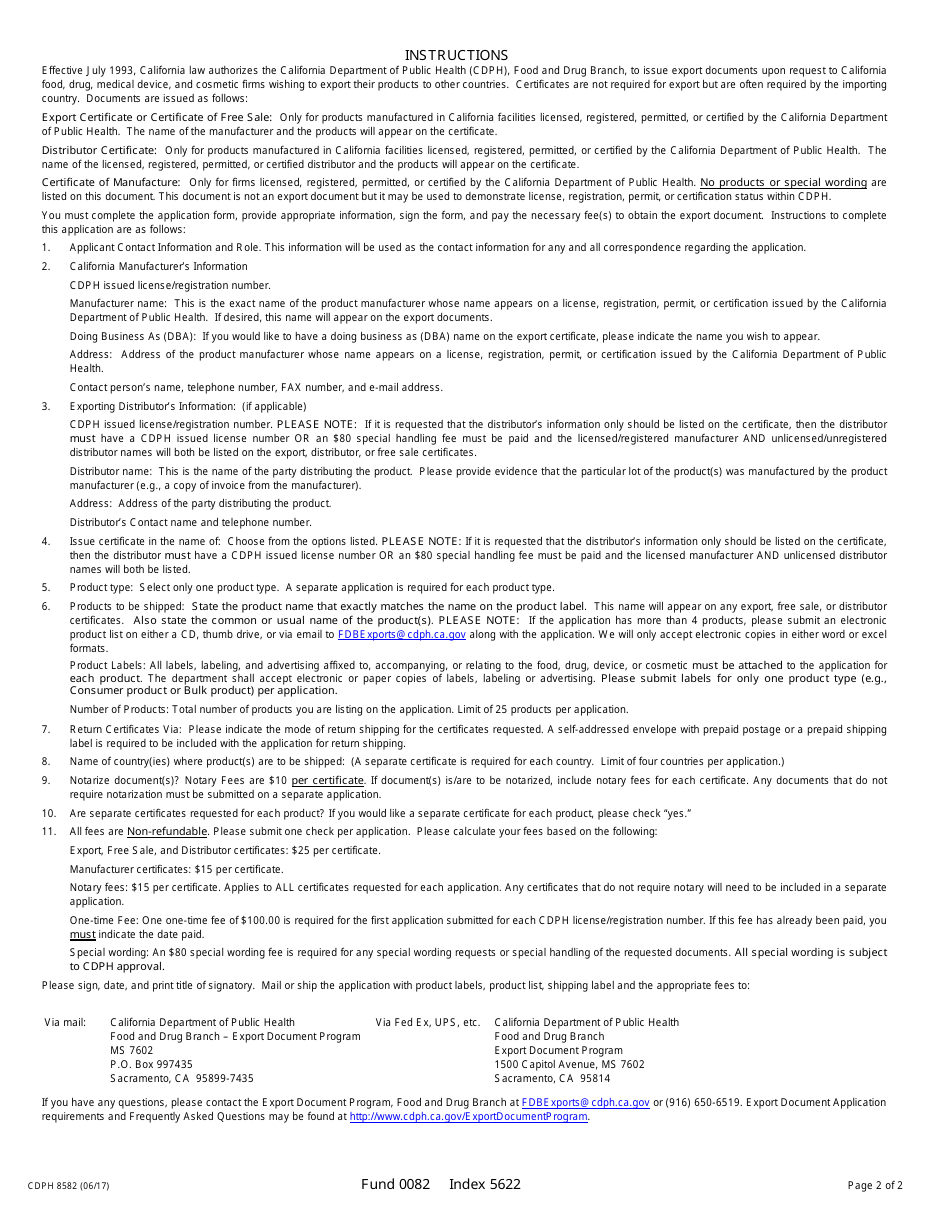 Form CDPH8582 Export Document Application - California, Page 2