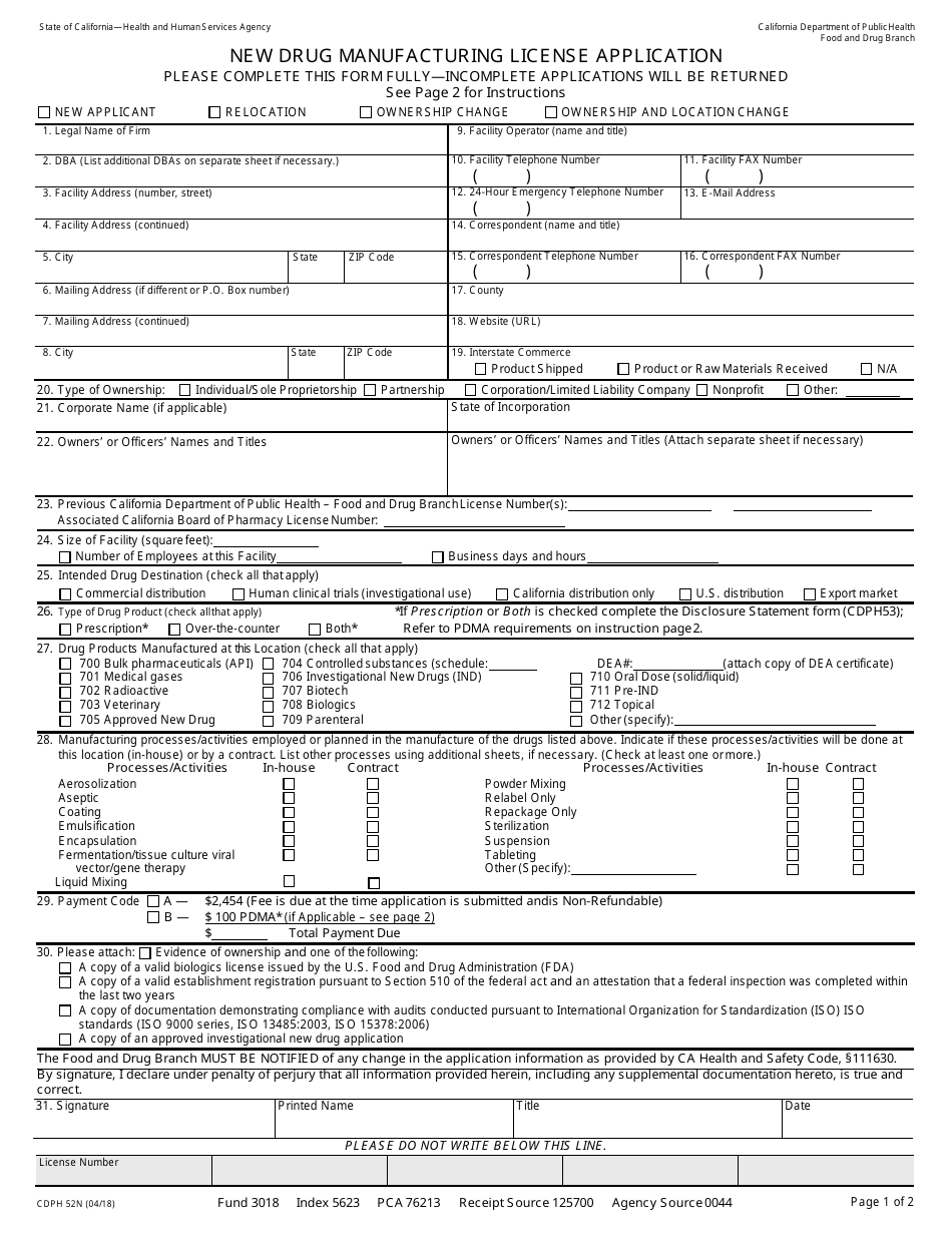 Form CDPH52N New Drug Manufacturing License Application - California, Page 1
