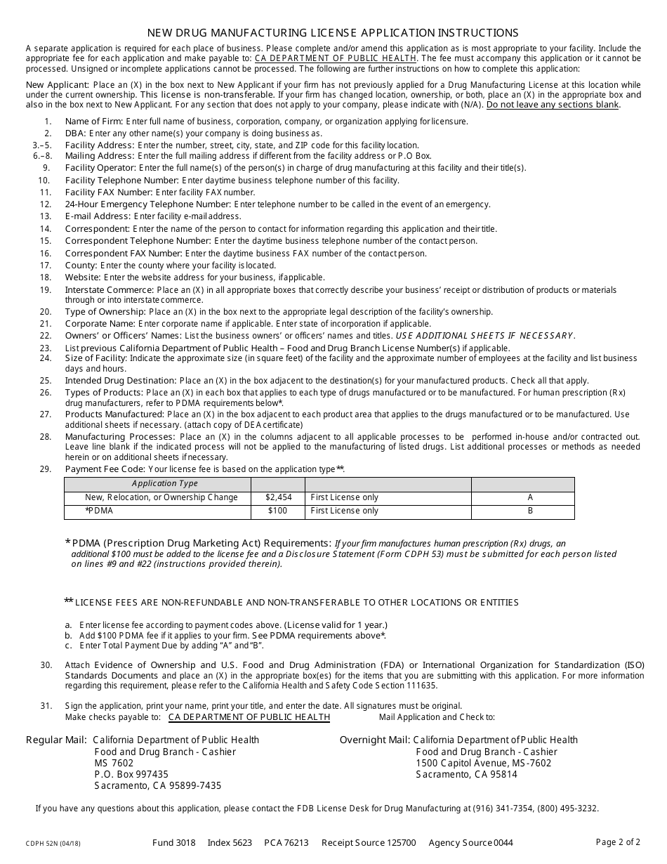 Form CDPH52N New Drug Manufacturing License Application - California, Page 2