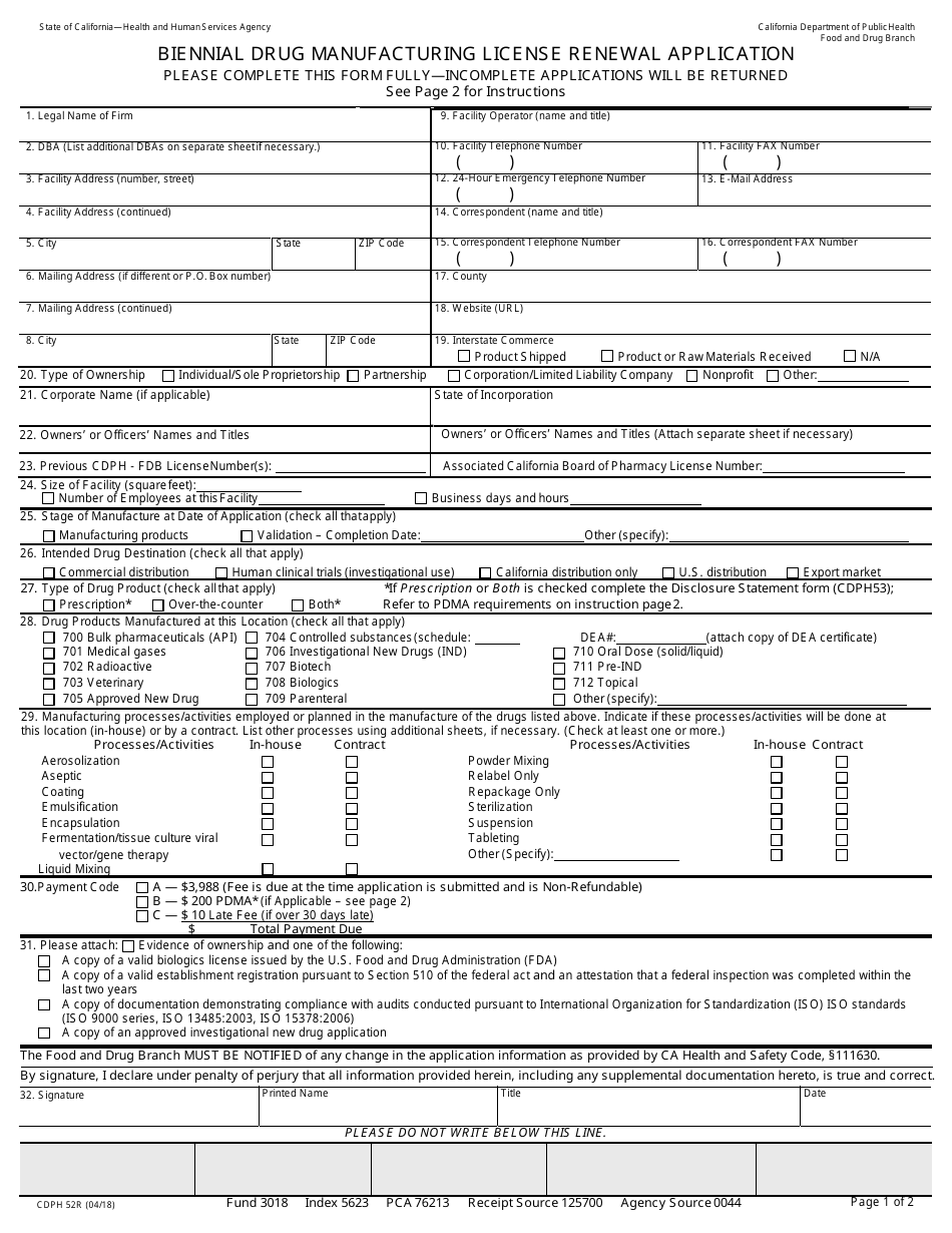 Form CDPH52R Biennial Drug Manufacturing License Renewal Application - California, Page 1