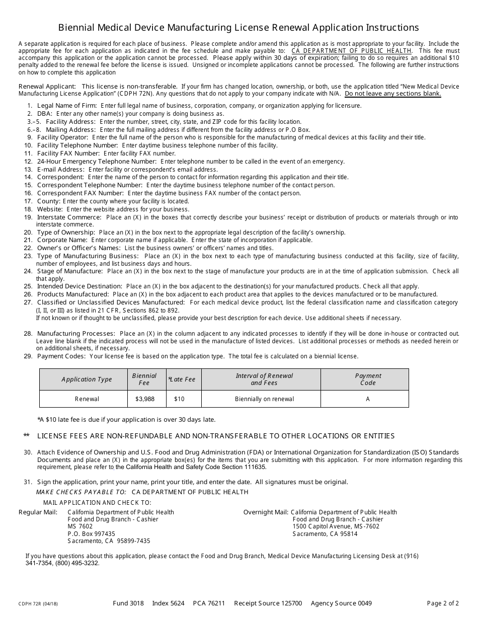 Form CDPH72R Biennial Medical Device Manufacturing License Renewal Application - California, Page 2
