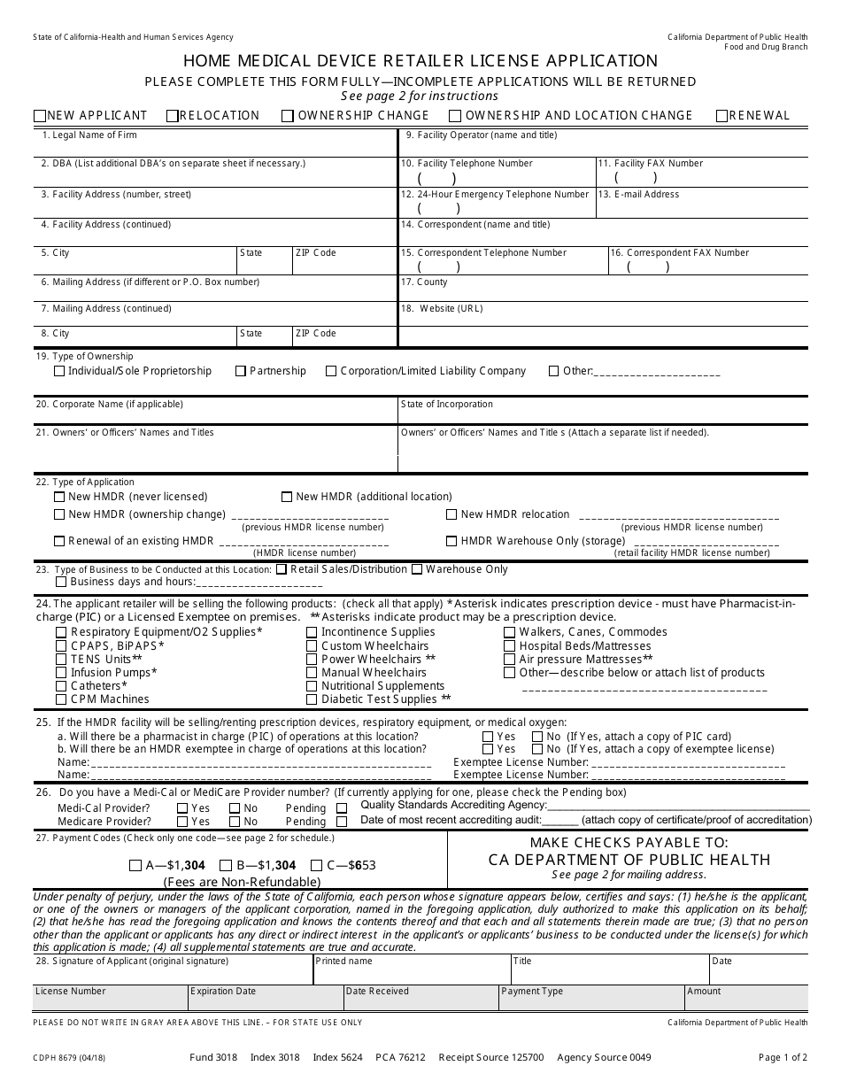 Form CDPH8679 Home Medical Device Retailer License Application - California, Page 1