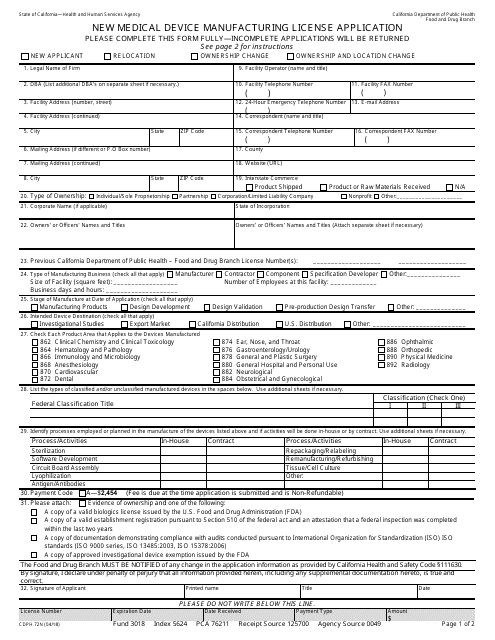 Form CDPH72N New Medical Device Manufacturing License Application - California