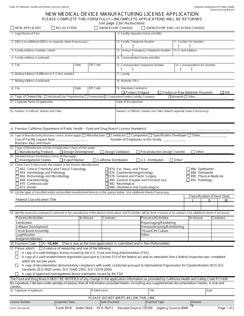 Form CDPH72N New Medical Device Manufacturing License Application - California, Page 1