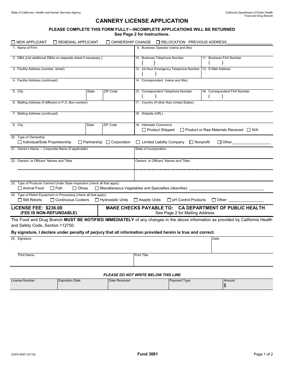 Form CDPH8597 Cannery License Application - California, Page 1