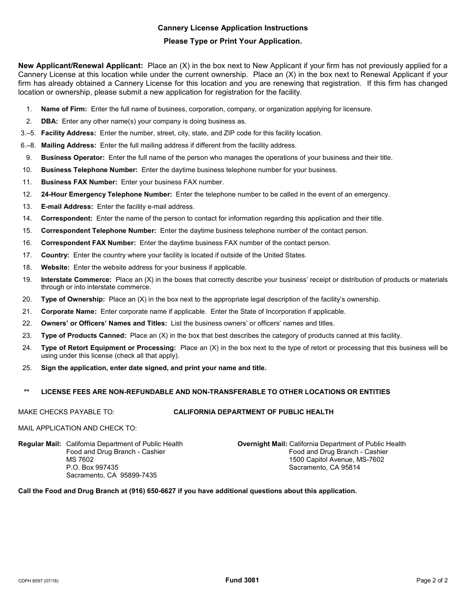 Form CDPH8597 Cannery License Application - California, Page 2