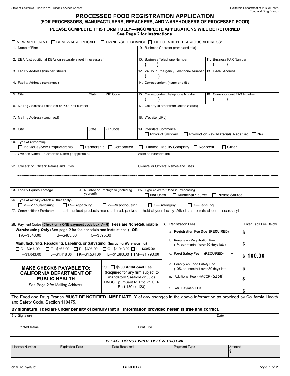 Form CDPH8610 Processed Food Registration Application (For Processors, Manufacturers, Repackers, and Warehousers of Processed Food) - California, Page 1