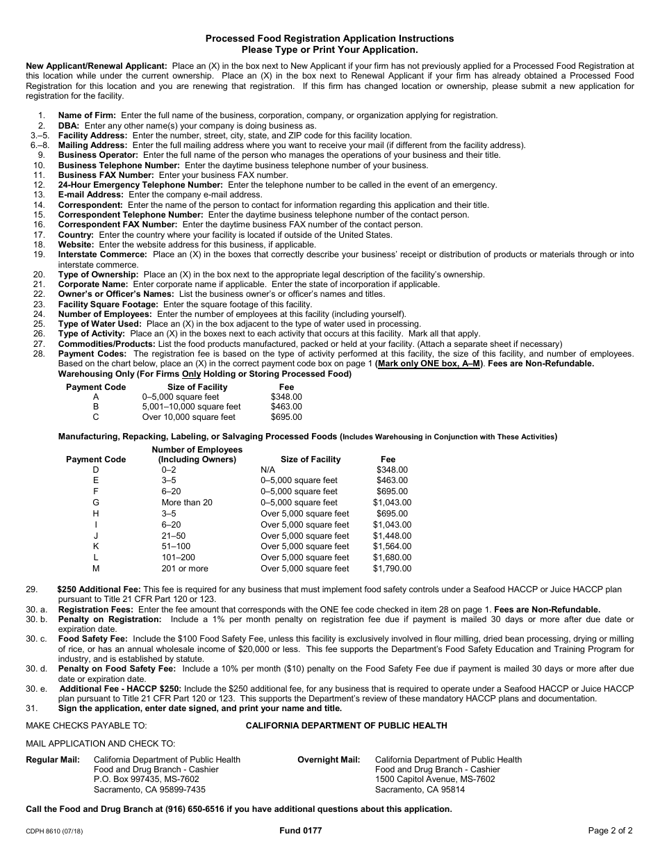 Form CDPH8610 Processed Food Registration Application (For Processors, Manufacturers, Repackers, and Warehousers of Processed Food) - California, Page 2
