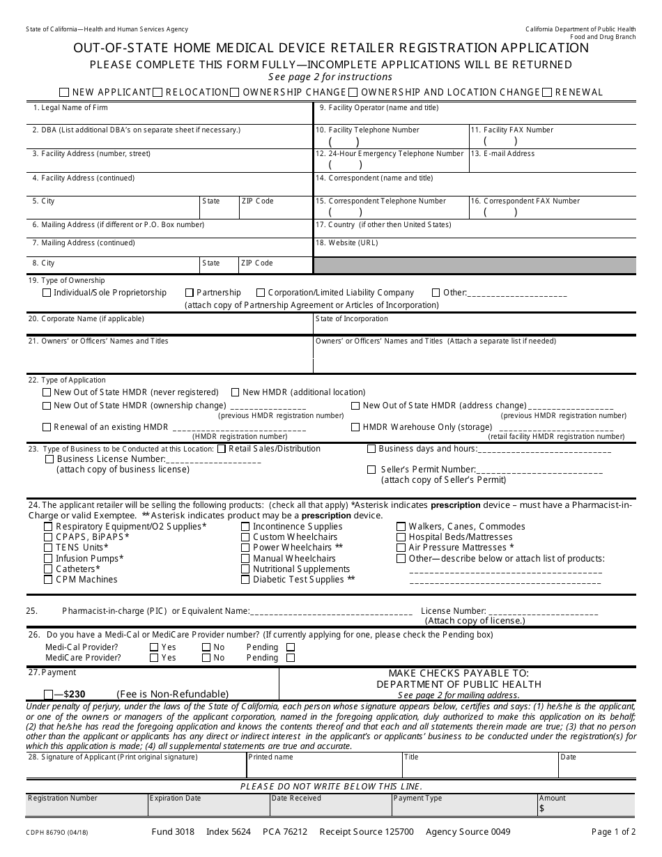 Form CDPH8679O - Fill Out, Sign Online and Download Fillable PDF ...