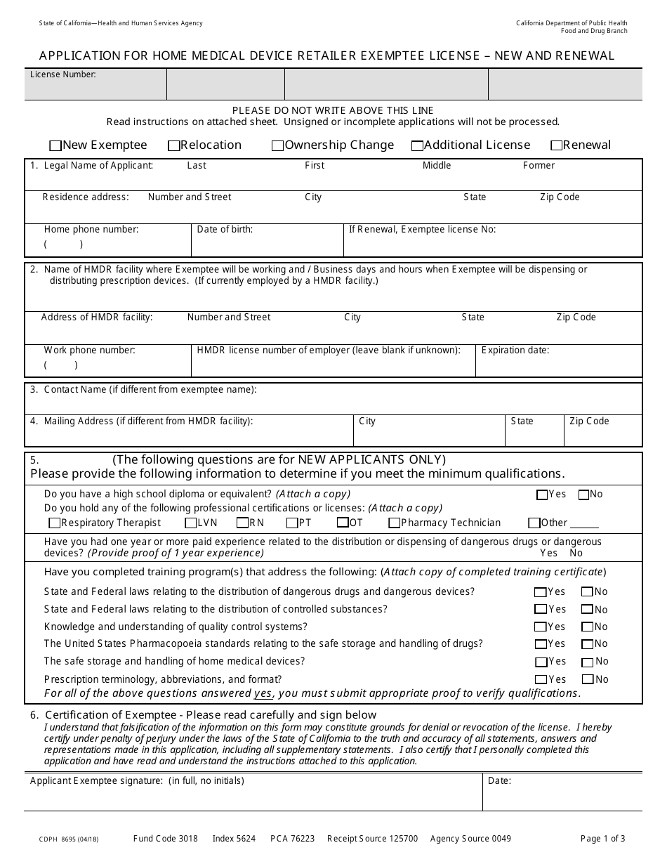 Form CDPH8695 Application for Home Medical Device Retailer Exemptee License - New and Renewal - California, Page 1