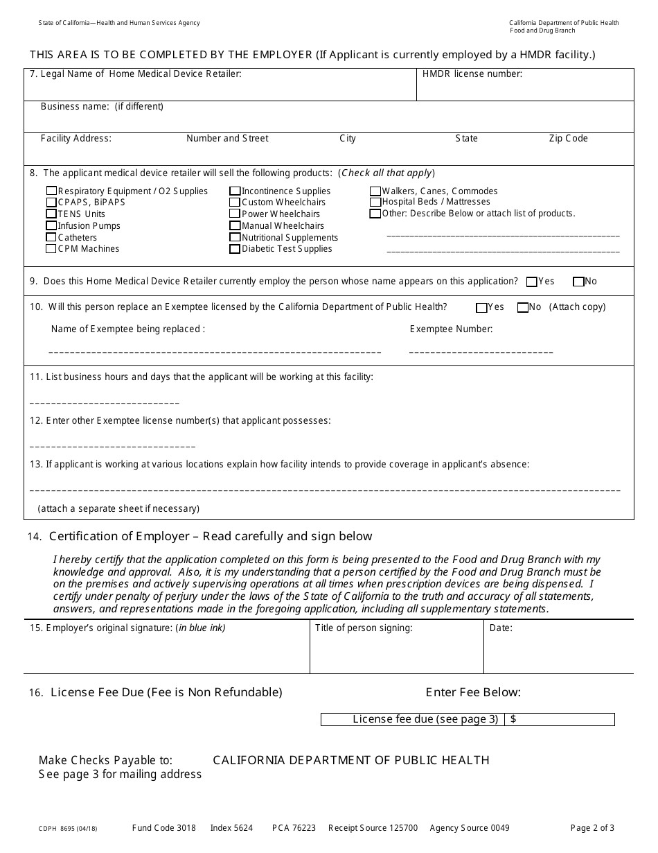 Form CDPH8695 Application for Home Medical Device Retailer Exemptee License - New and Renewal - California, Page 2