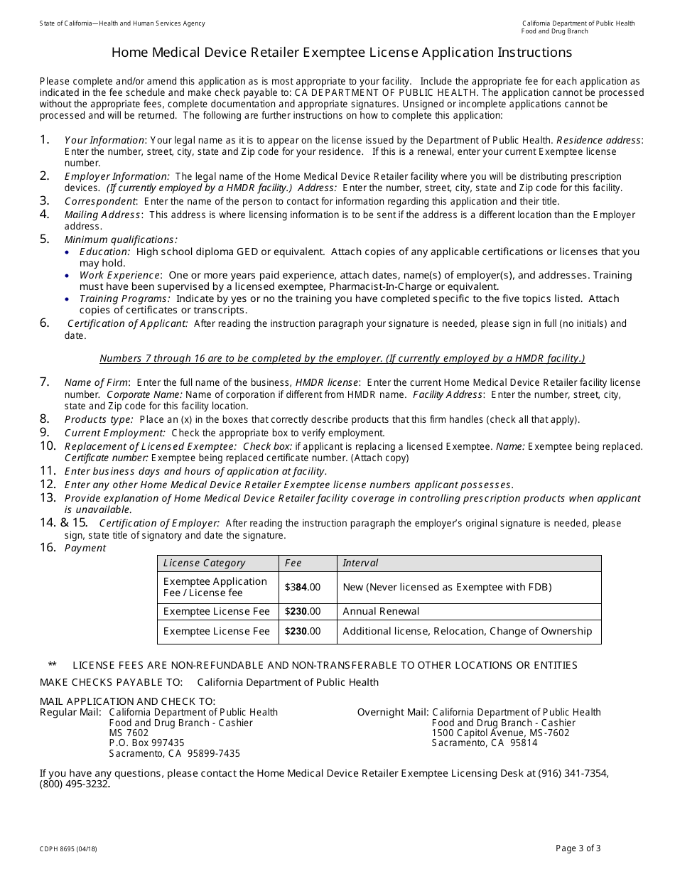 Form CDPH8695 Application for Home Medical Device Retailer Exemptee License - New and Renewal - California, Page 3