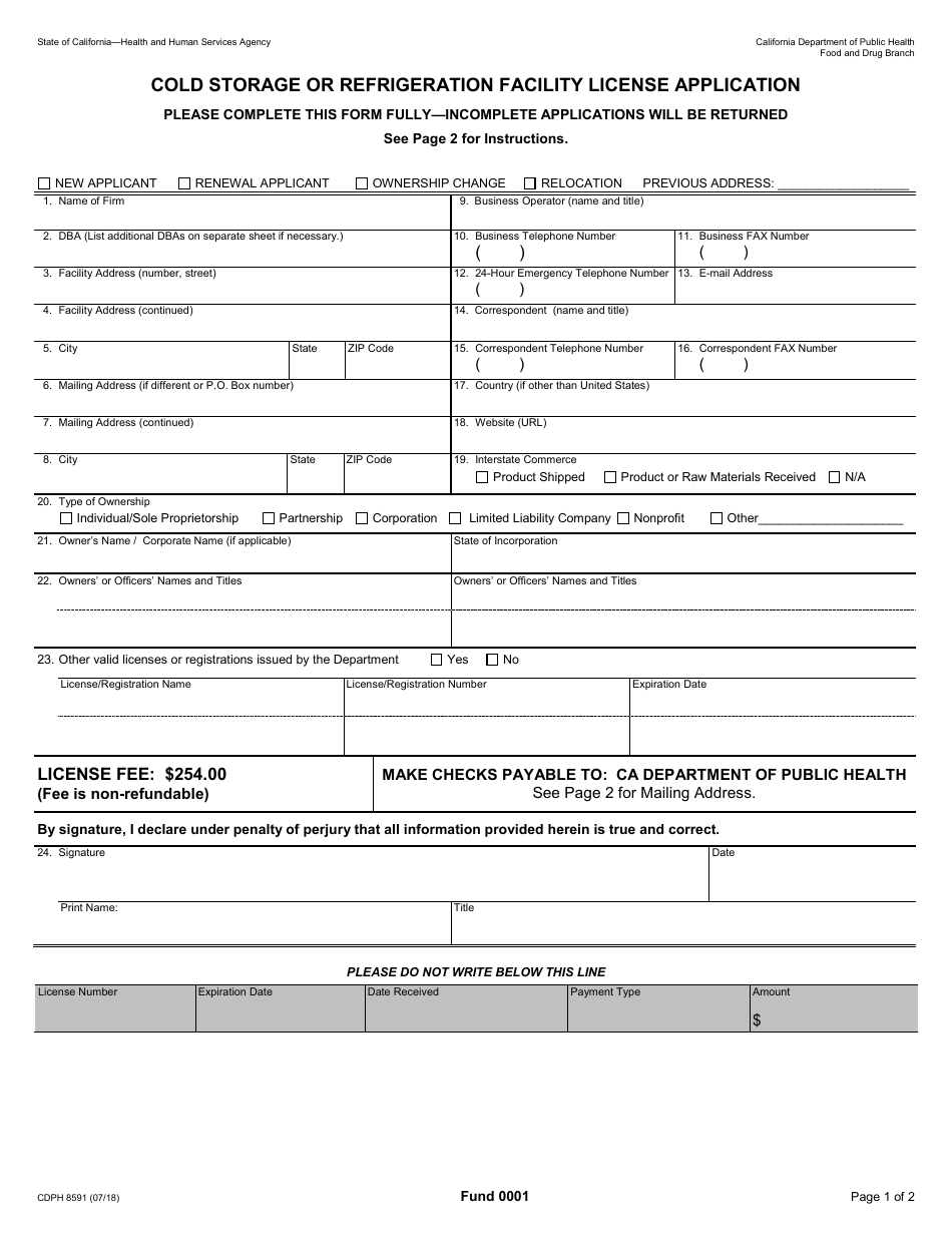 Form CDPH8591 Cold Storage or Refrigeration Facility License Application - California, Page 1
