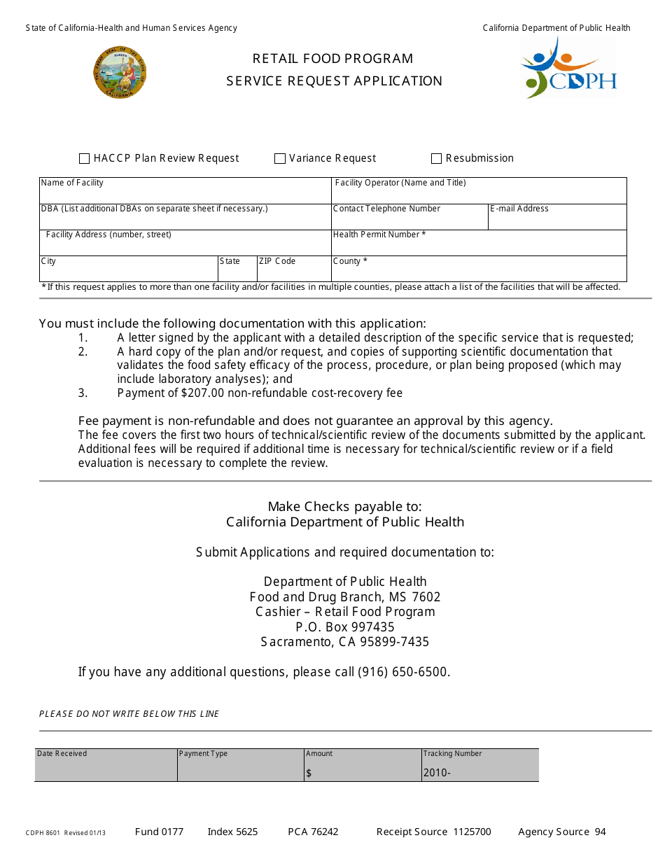 Form CDPH8601 Service Request Application - Retail Food Program - California, Page 1