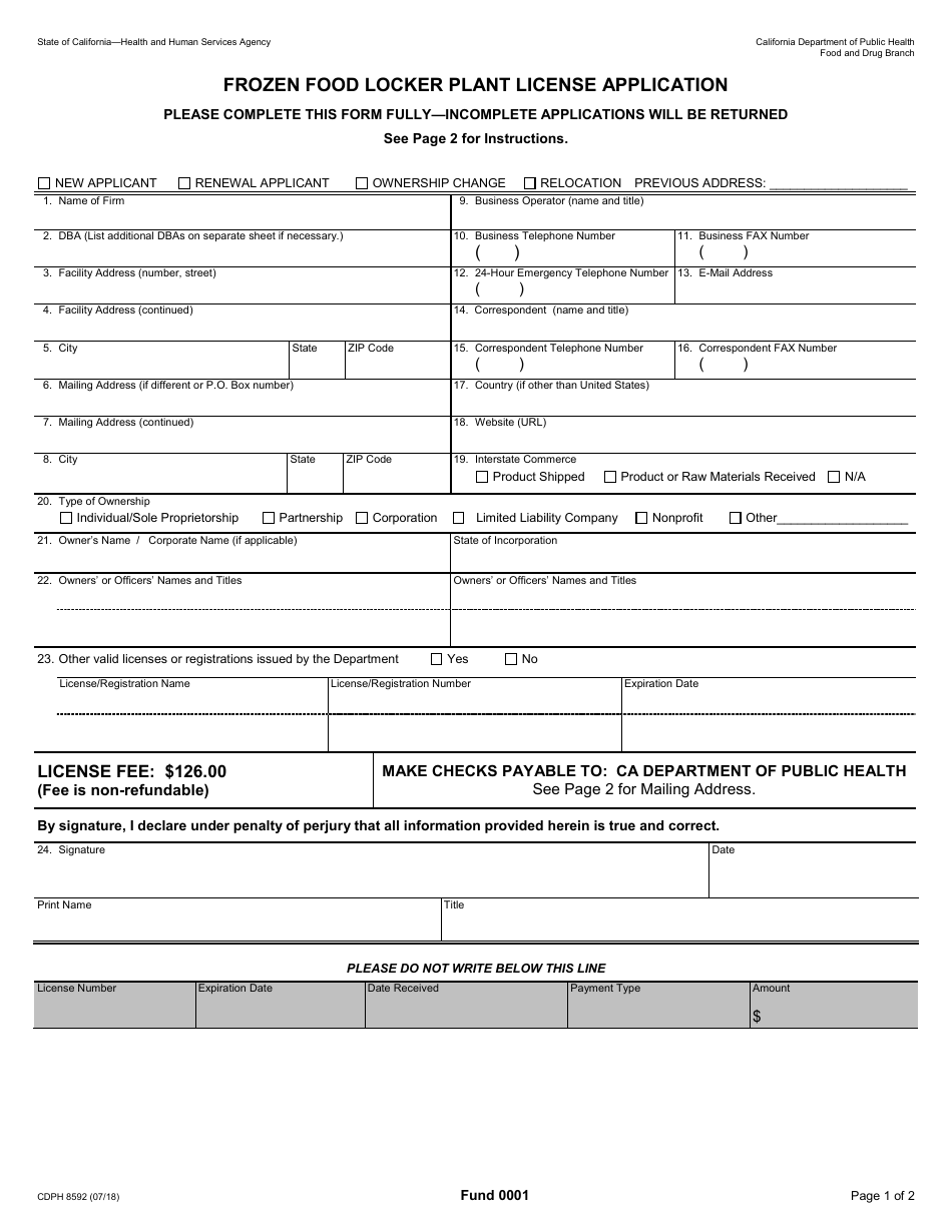 Form CDPH8592 Frozen Food Locker Plant License Application - California, Page 1
