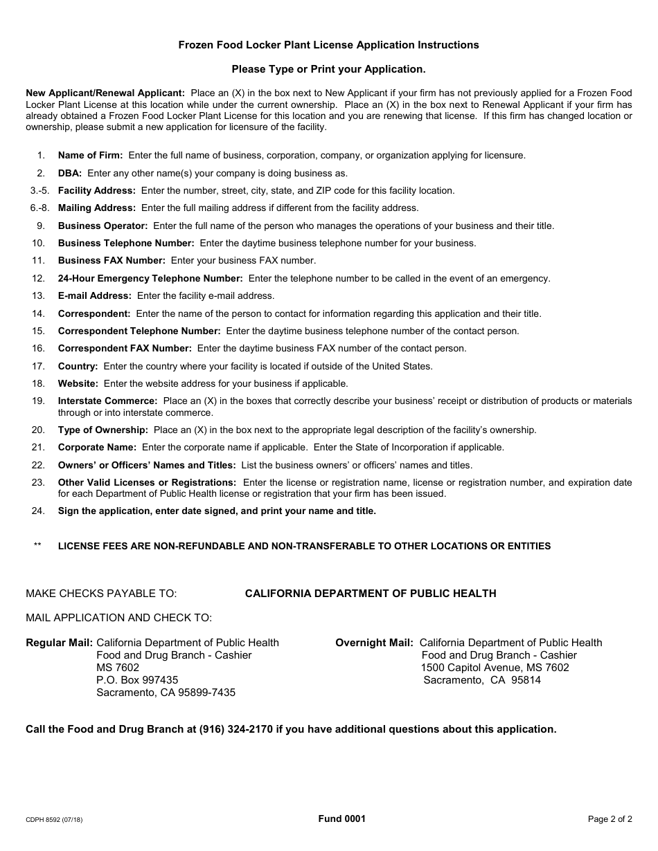 Form CDPH8592 Frozen Food Locker Plant License Application - California, Page 2