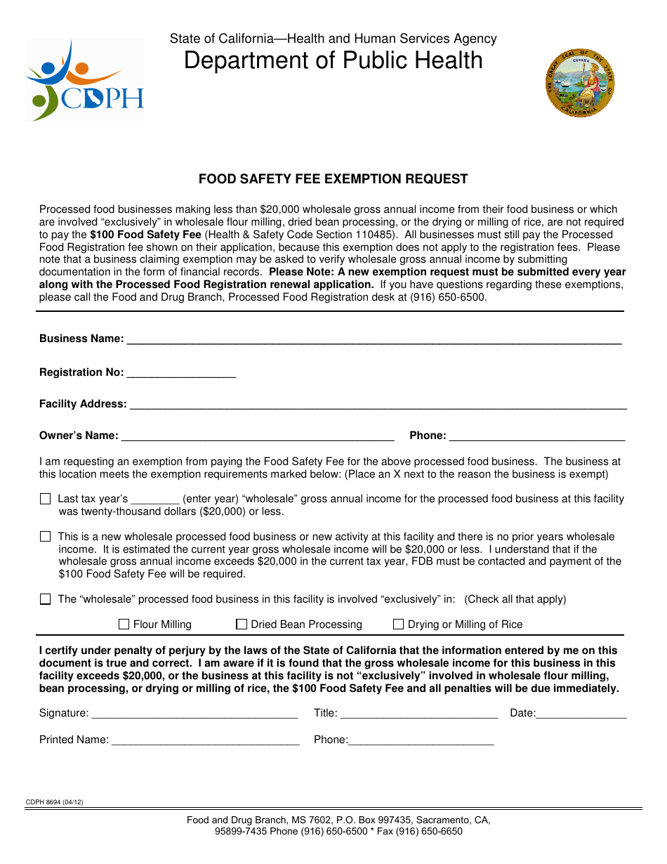 Form CDPH8694 Food Safety Fee Exemption Request - California, Page 1