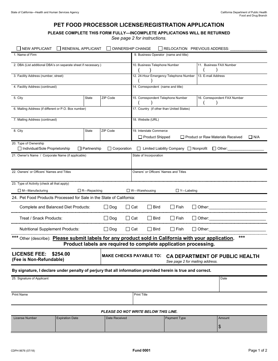 Form CDPH8676 Pet Food Processor License / Registration Application - California, Page 1