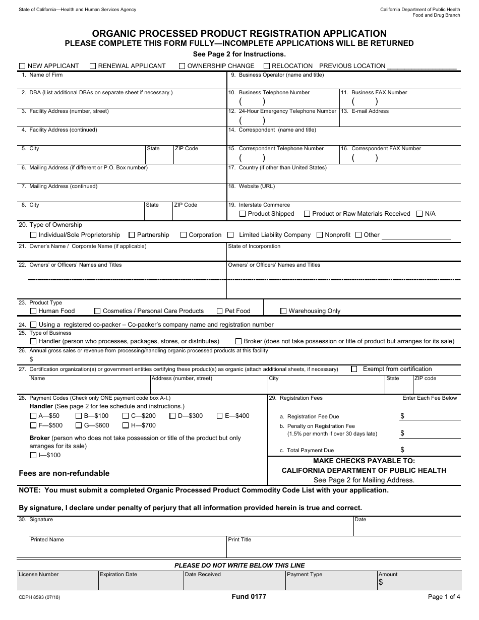 Form CDPH8593 Organic Processed Product Registration Application - California, Page 1