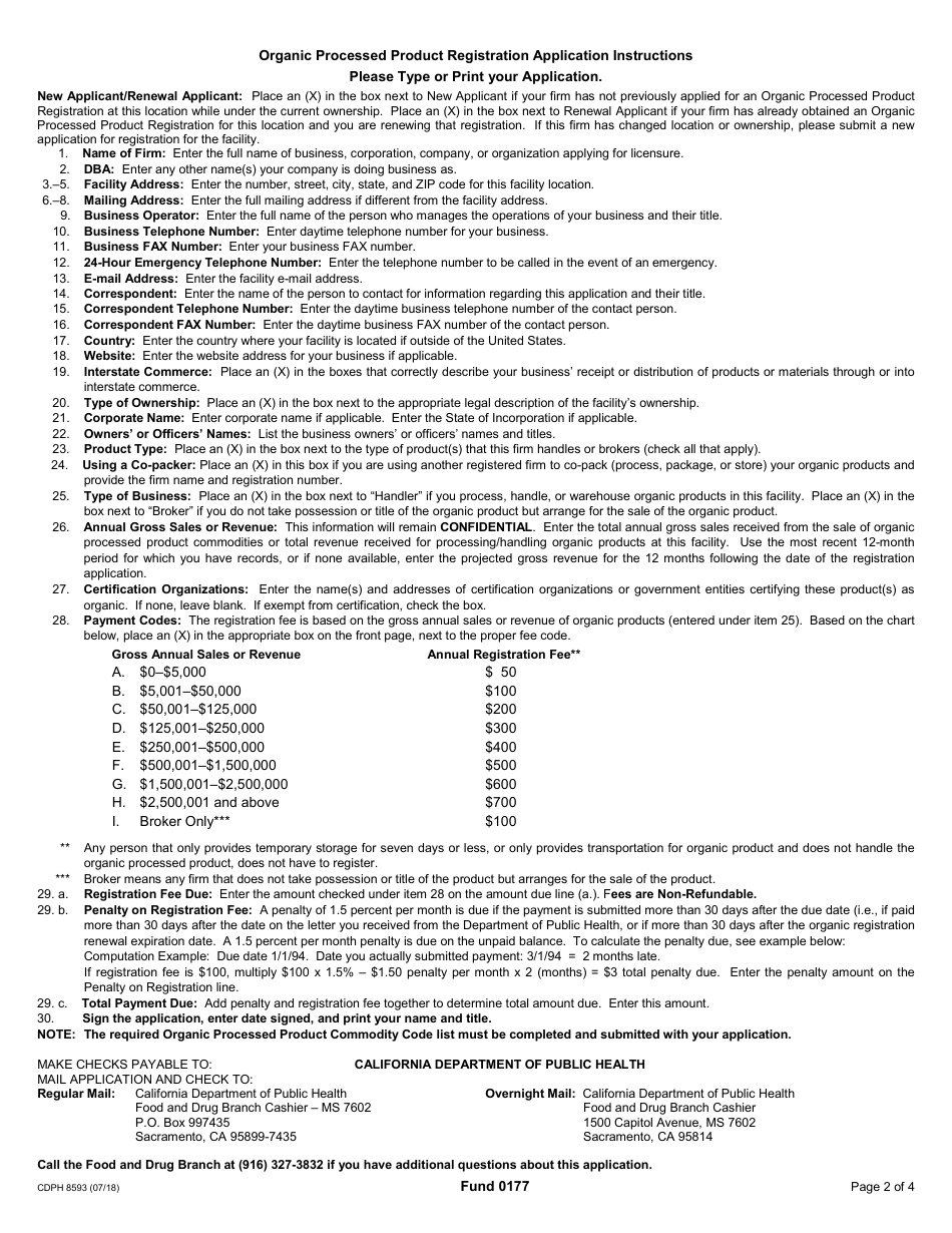Form CDPH8593 Organic Processed Product Registration Application - California, Page 2