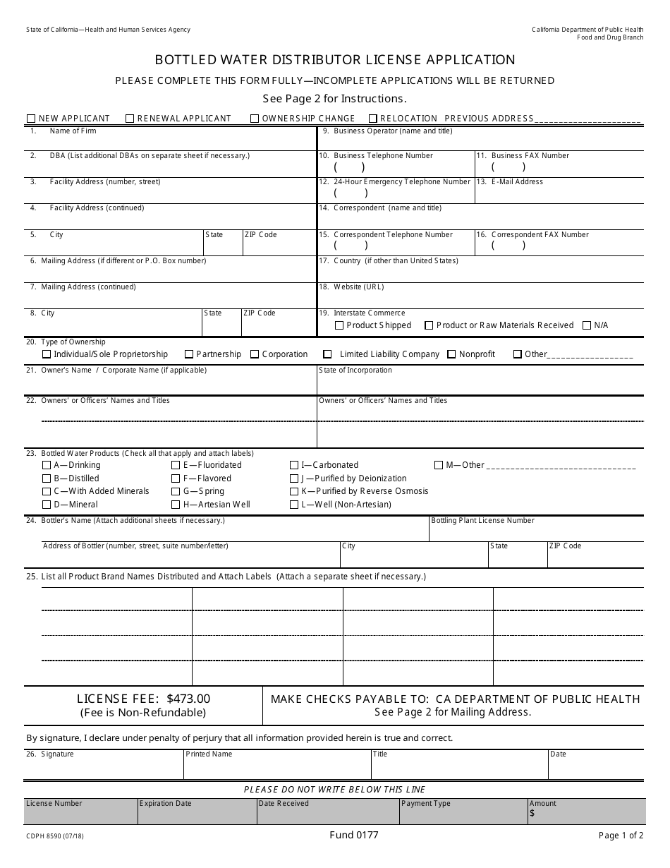 Form CDPH8590 Bottled Water Distributor License Application - California, Page 1
