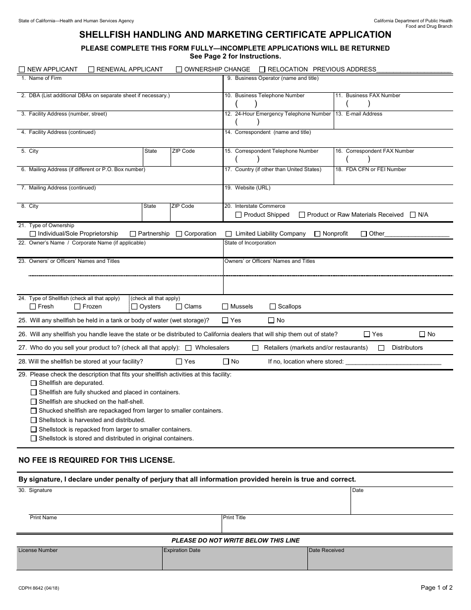 Form CDPH8642 Shellfish Handling and Marketing Certificate Application - California, Page 1