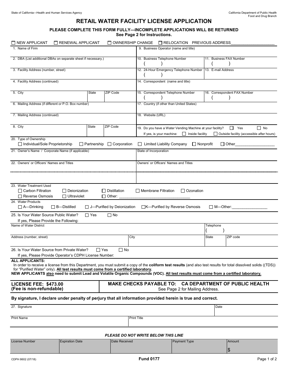 Form CDPH8602 Retail Water Facility License Application - California, Page 1