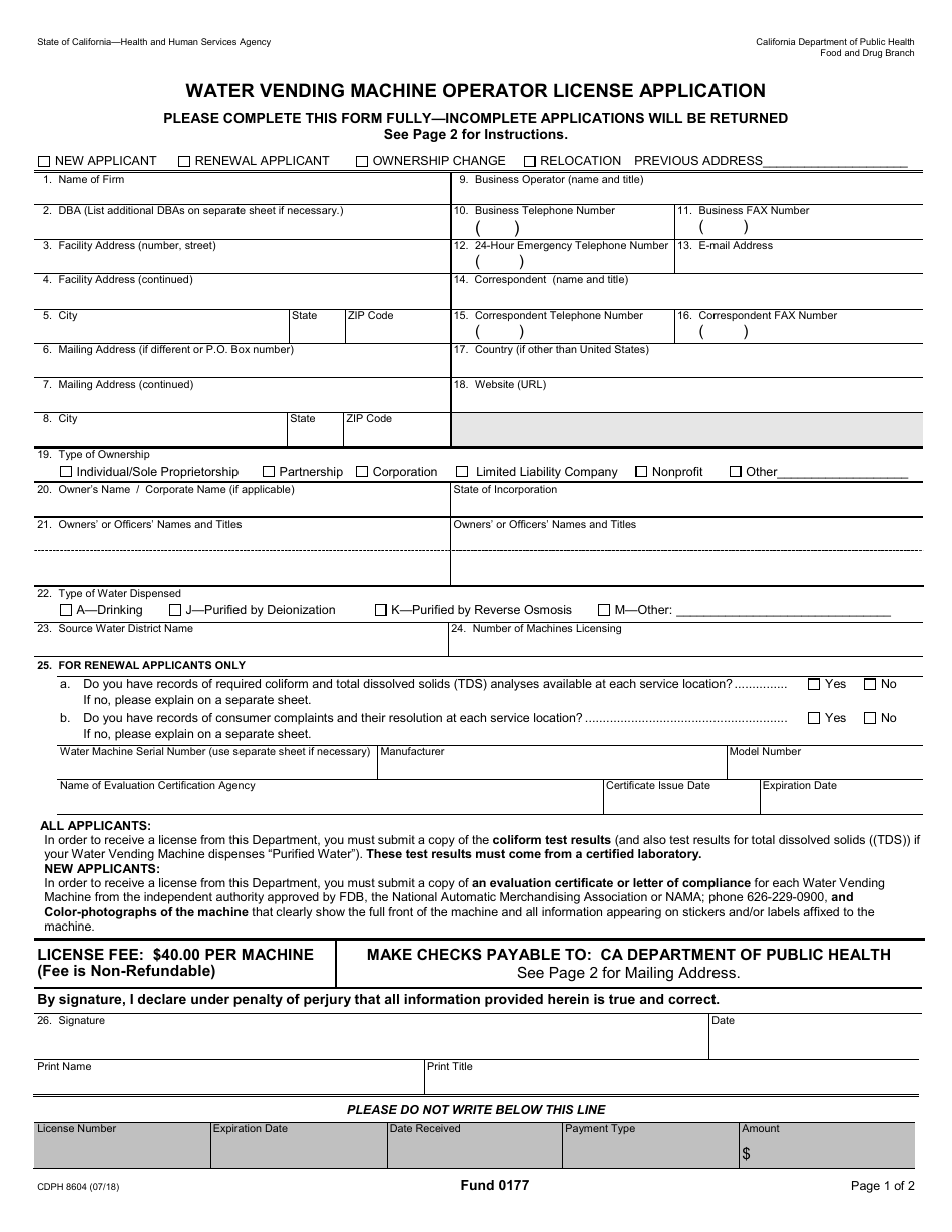 Form CDPH8604 Water Vending Machine Operator License Application - California, Page 1