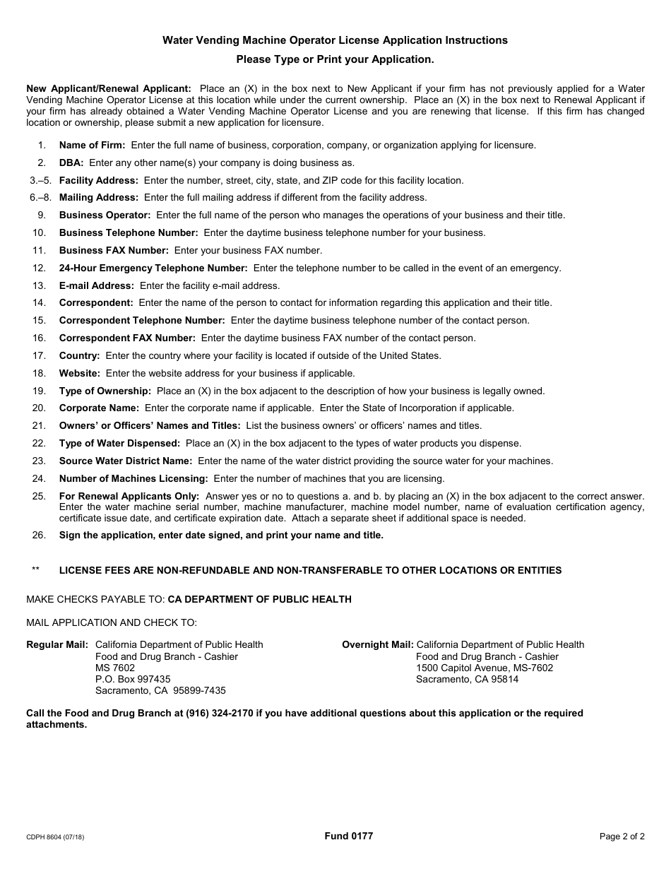 Form CDPH8604 Water Vending Machine Operator License Application - California, Page 2