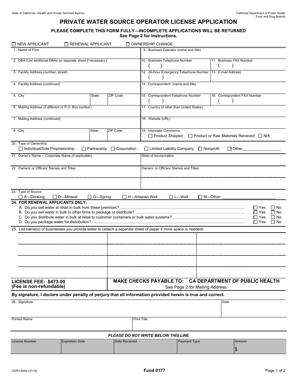 Form CDPH8594 Private Water Source Operator License Application - California, Page 1