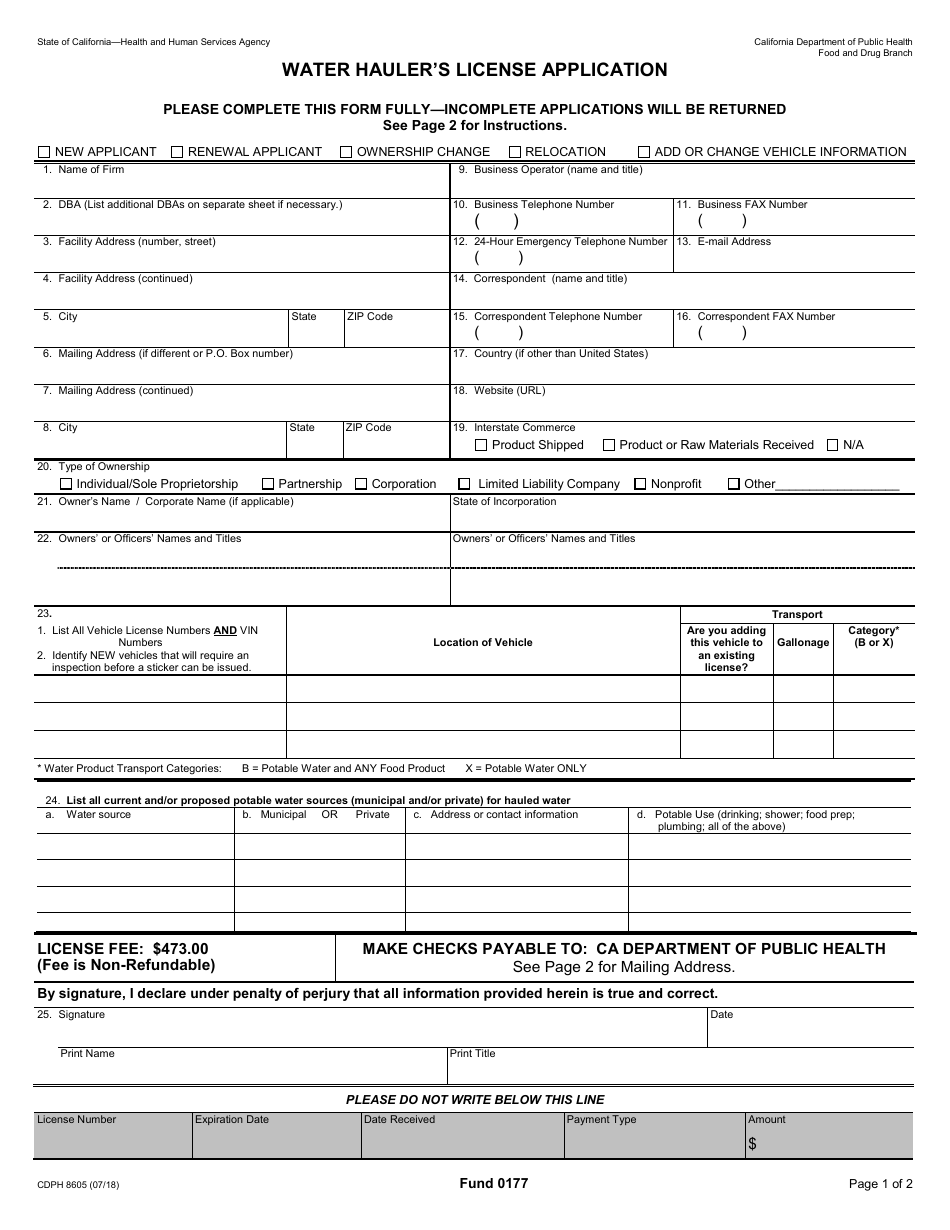 Form CDPH8605 Water Haulers License Application - California, Page 1