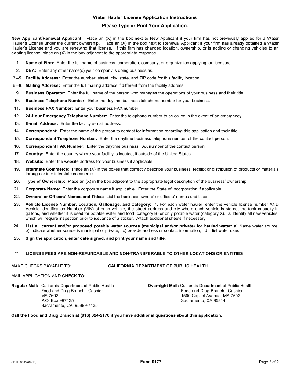 Form CDPH8605 Water Haulers License Application - California, Page 2