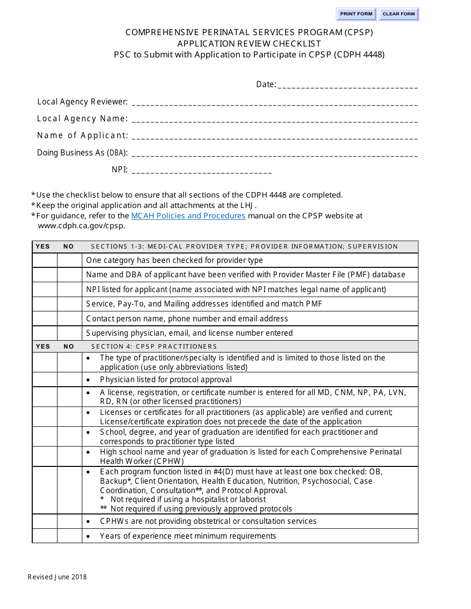 Comprehensive Perinatal Services Program (Cpsp) Application Review Checklist - California, Page 1