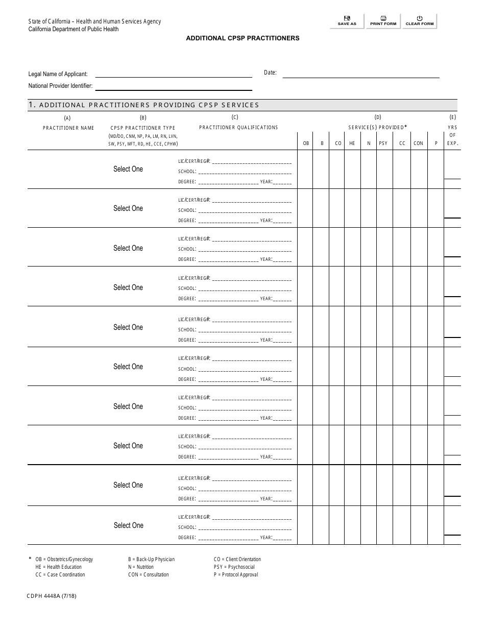 Form CDPH4448A Additional Cpsp Practitioners - California, Page 1