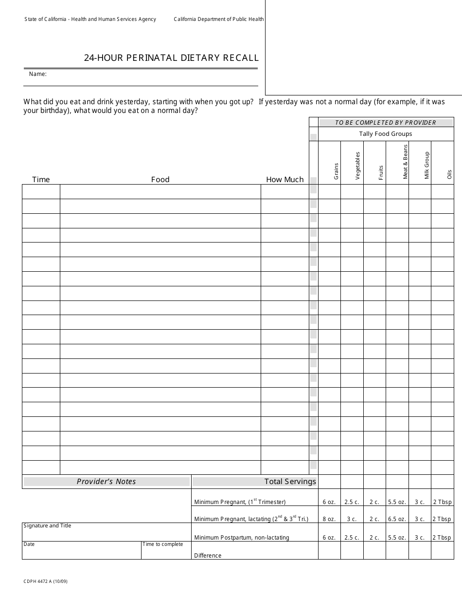 Form CDPH4472 A 24-hour Perinatal Dietary Recall - California, Page 1