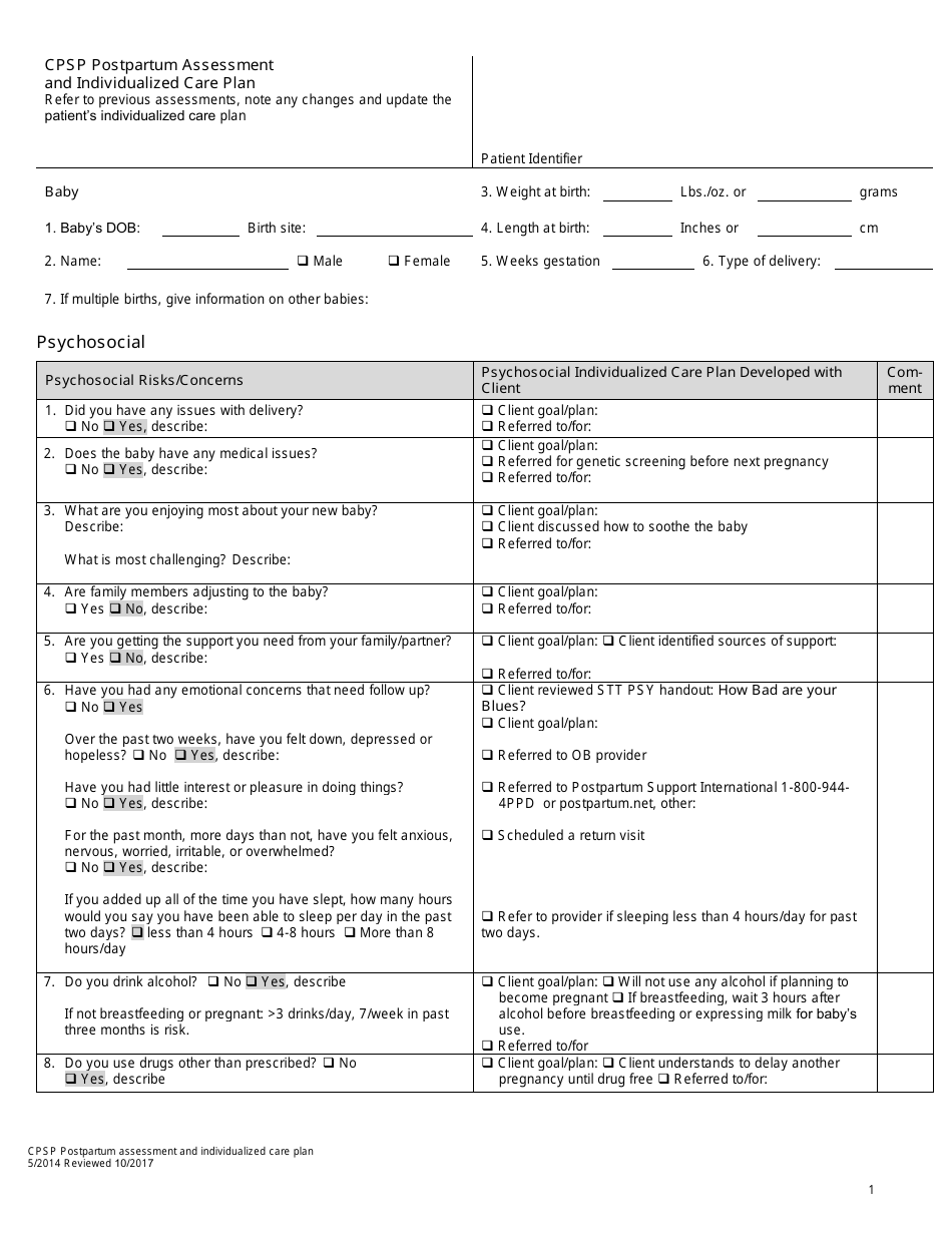 Cpsp Postpartum Assessment and Individualized Care Plan - California, Page 1