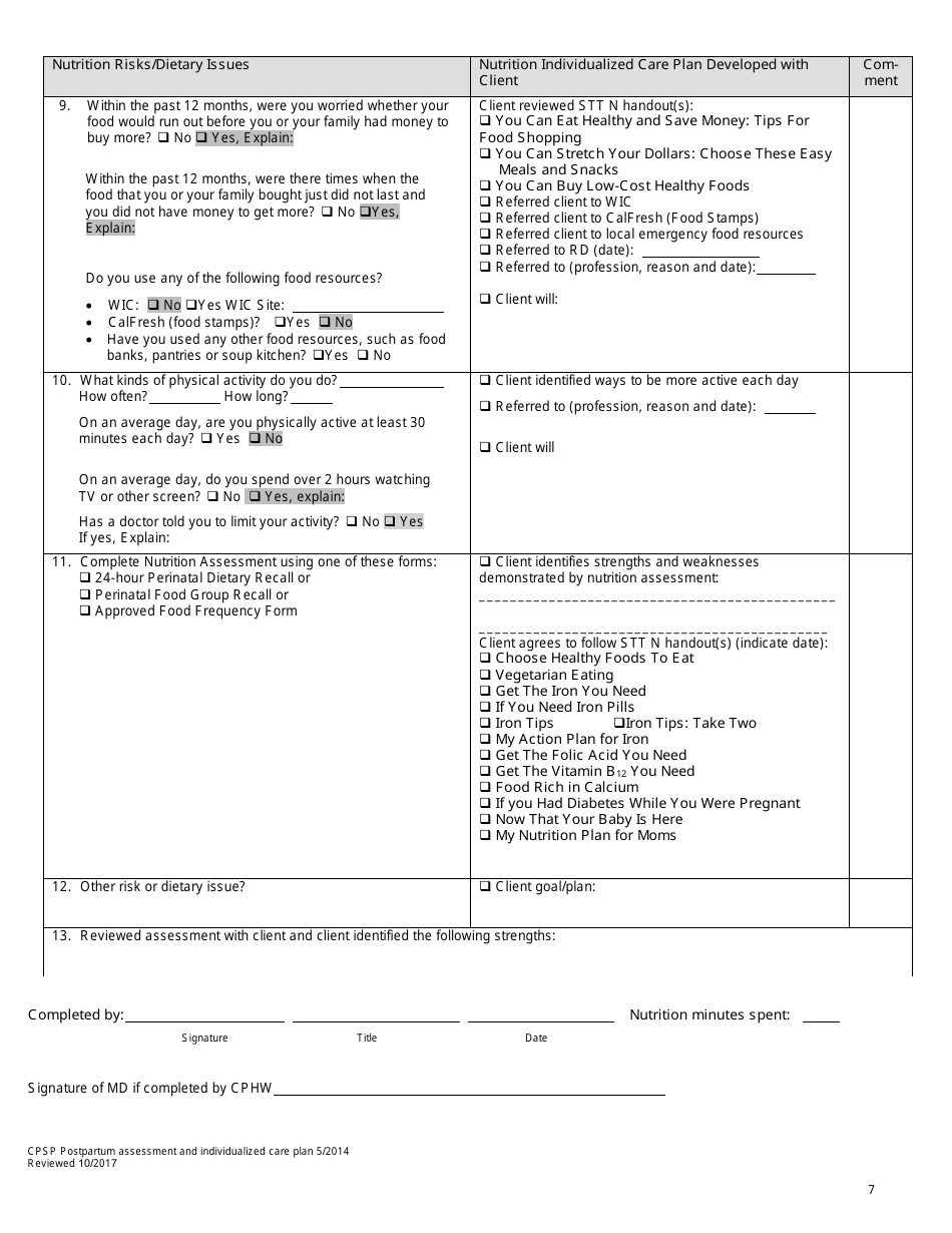 Cpsp Postpartum Assessment and Individualized Care Plan - California, Page 7