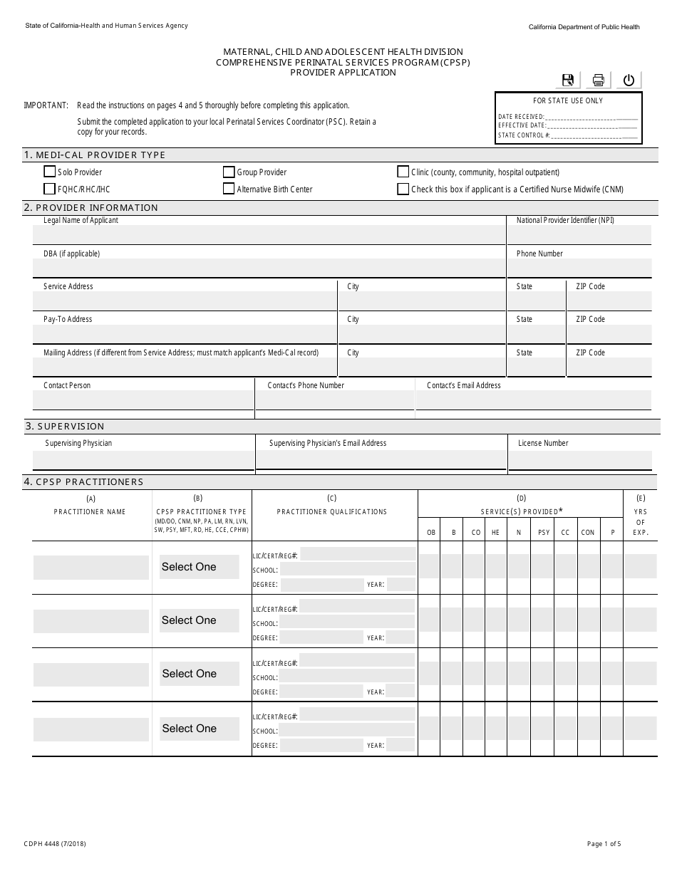 Form CDPH4448 Provider Application - Comprehensive Perinatal Services Program (Cpsp) - California, Page 1