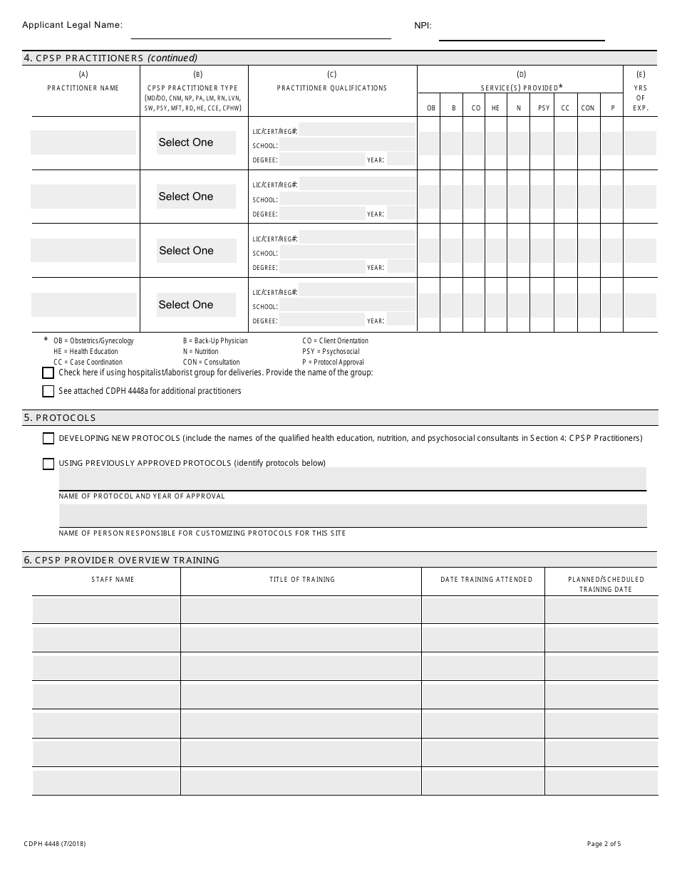 Form CDPH4448 Provider Application - Comprehensive Perinatal Services Program (Cpsp) - California, Page 2