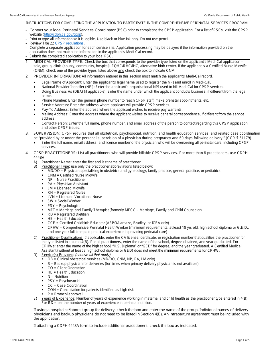 Form CDPH4448 Provider Application - Comprehensive Perinatal Services Program (Cpsp) - California, Page 4