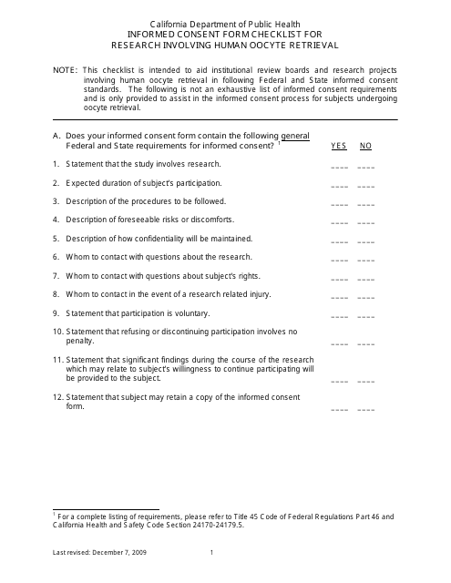 Informed Consent Form Checklist for Research Involving Human Oocyte Retrieval - California Download Pdf